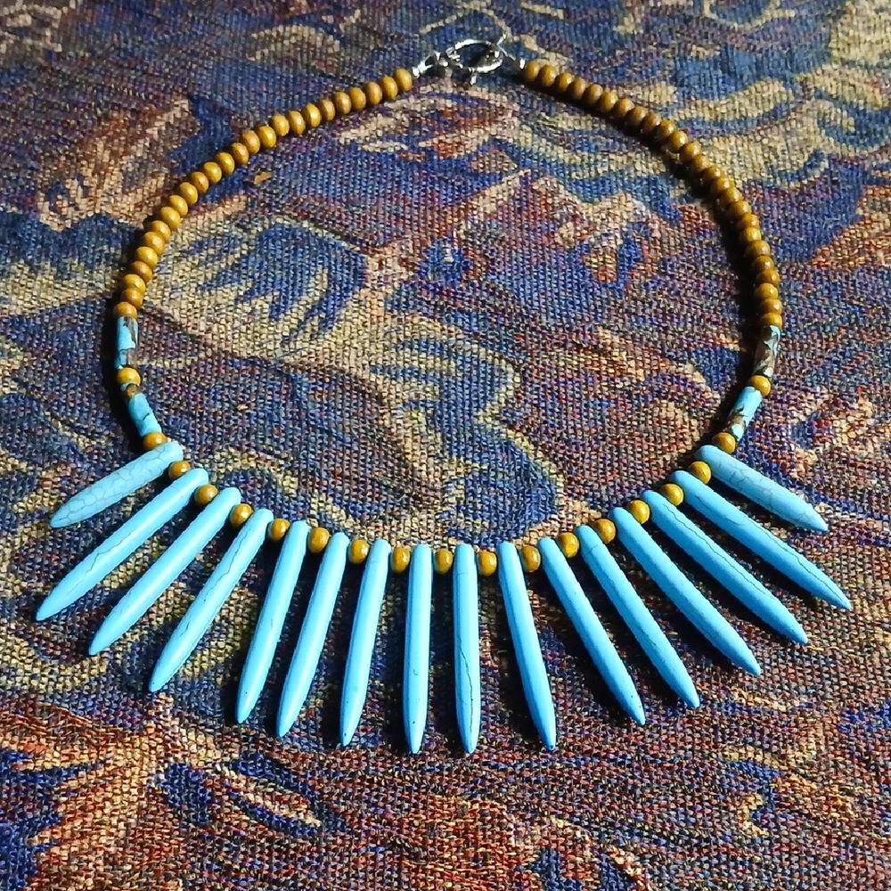 Handmade Turquoise Spike Bead Necklace with Wooden Beads